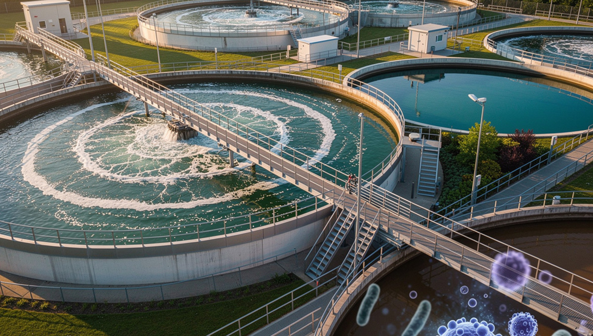Biological Wastewater Treatment 2 Aerial view of a modern biological wastewater treatment plant showing circular aeration tanks with active bubbling, settling clarifiers with treated water, and surrounding green vegetation at golden hour
