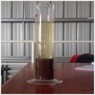 Measuring cylinder showing heavy biomass settling with clear supernatant after CleanMaxx treatment at Chakan MIDC STP
